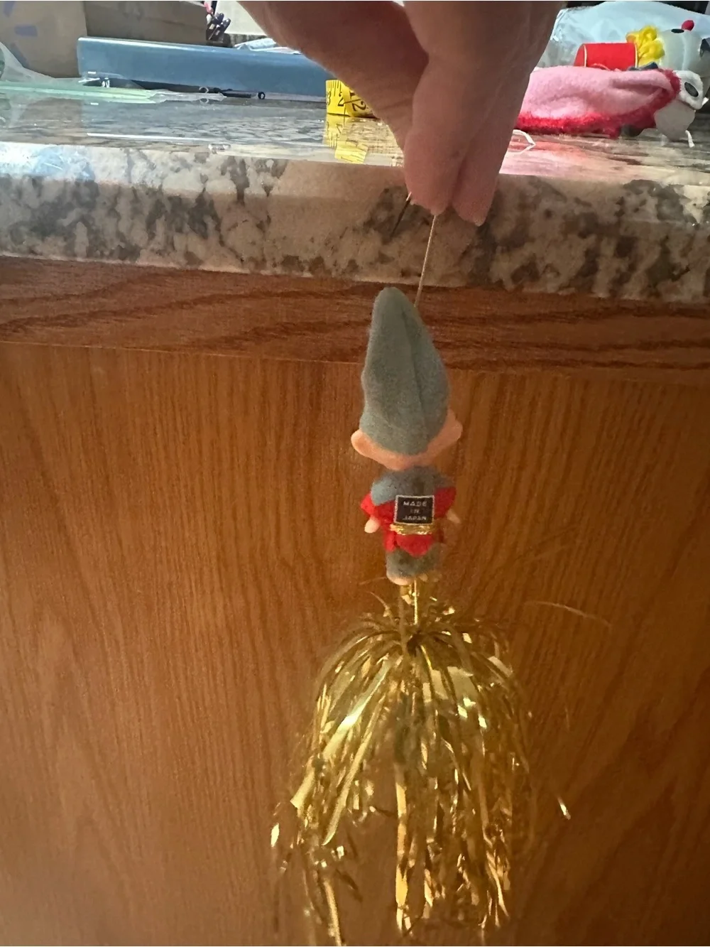 Vintage Elf Holiday Tinsel Ornament in Red, Gray, Gold
